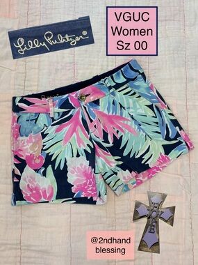 Lilly Pulitzer Callahan Stretch Shorts Women Sz 00/XS, 5” Navy Floral Leaf Print